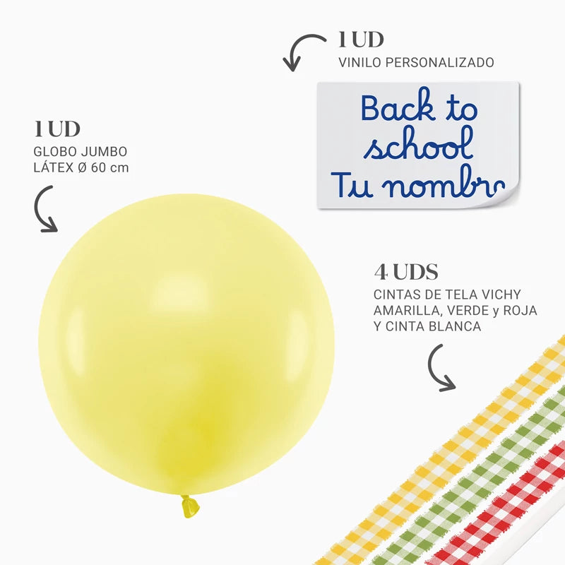 Globo Jumbo 60 cm Amarillo Pastel Telas Vichy Personalizado Vinilo Azul 'Back to School'