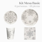 Kit Mesa Basic Navidad 6 Personas Copo de Nieve Plata Glitter 48 piezas