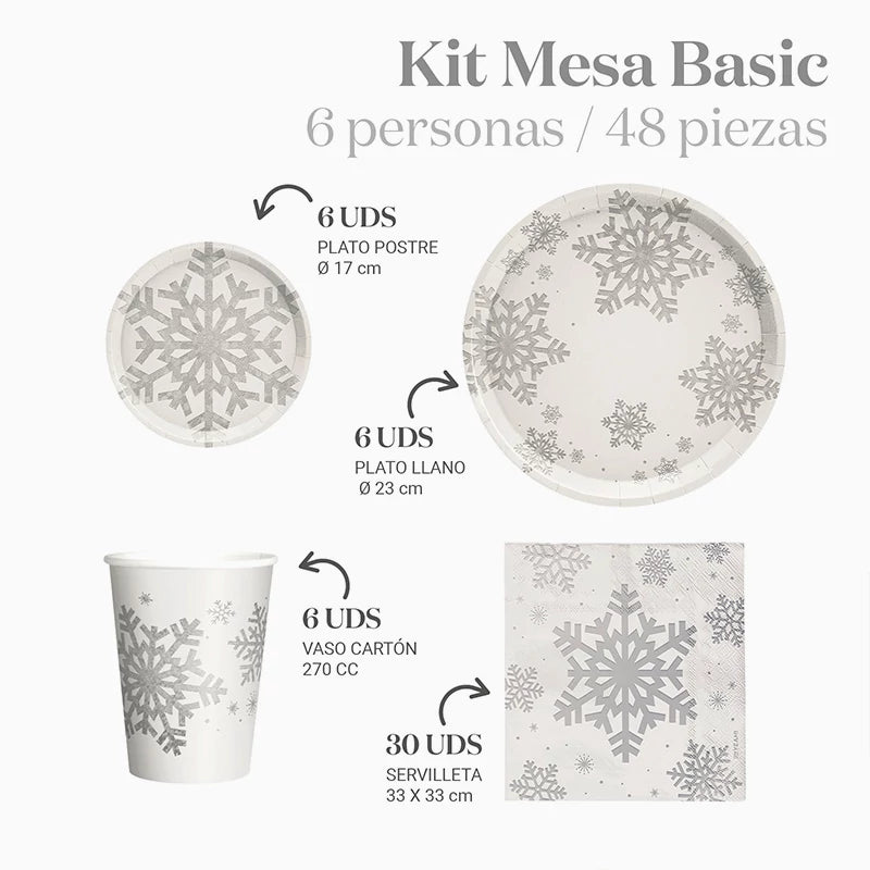 Kit Mesa Basic Navidad 6 Personas Copo de Nieve Plata Glitter 48 piezas