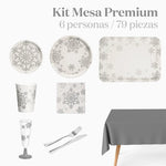 Kit Mesa Premium Navidad 6 Personas Copo de Nieve Plata Glitter 79 piezas