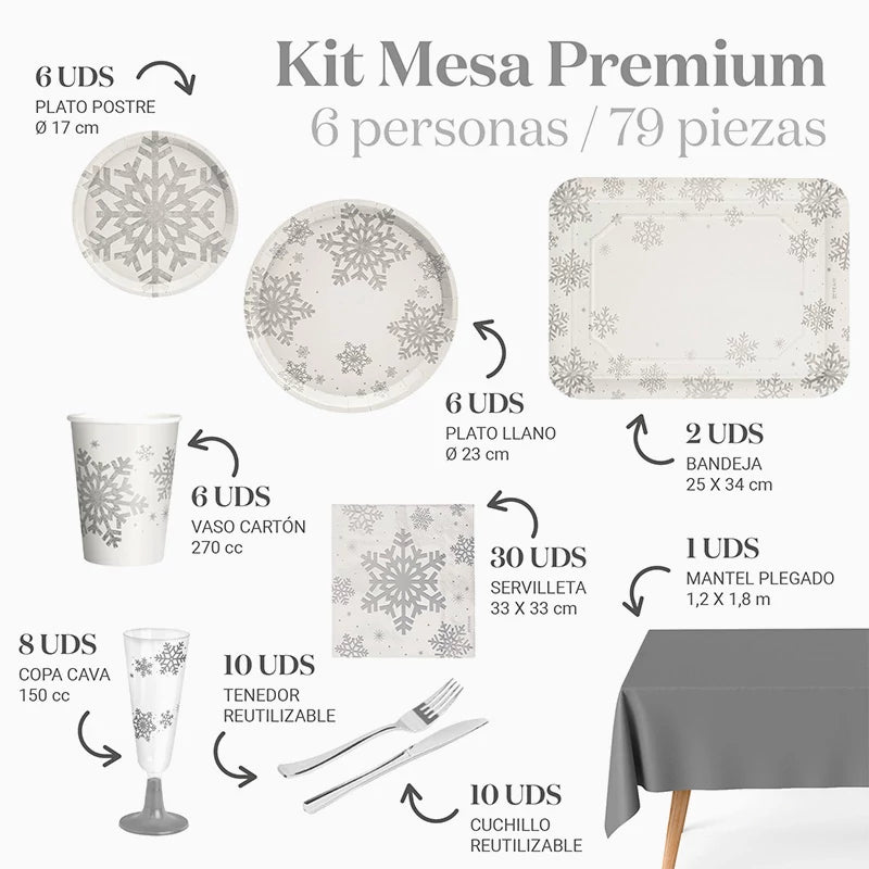 Kit Mesa Premium Navidad 6 Personas Copo de Nieve Plata Glitter 79 piezas