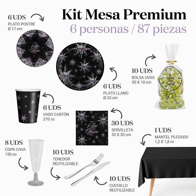 Kit Mesa Premium Navidad 6 Personas Estrellas de Nochevieja 87 piezas