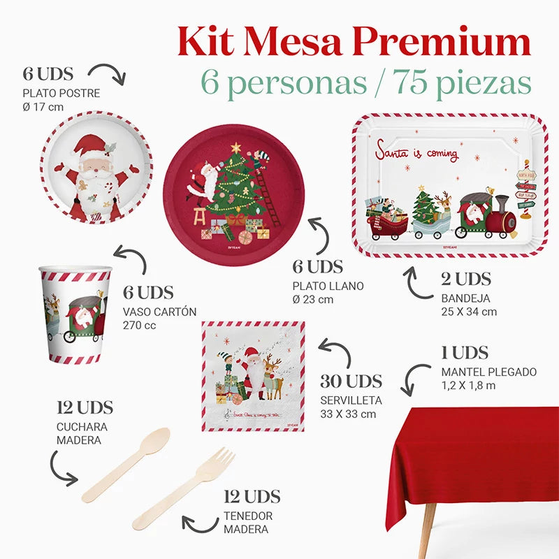 Kit Mesa Premium Navidad 6 Personas ¡Llega Papá Noel! 75 piezas