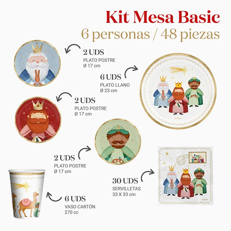 Kit Mesa Basic Navidad 6 Personas Petit Reyes Magos 48 piezas