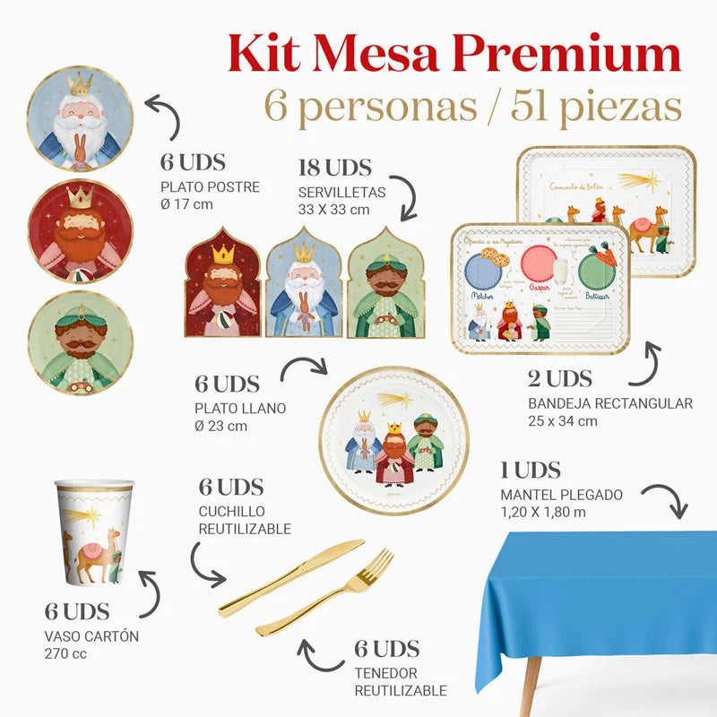 Kit Mesa Premium Navidad 6 Personas Petit Reyes Magos 88 piezas