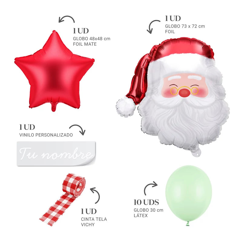 Santa Claus Head Foil Balloon Set 'Name' Red Star White Vinyl