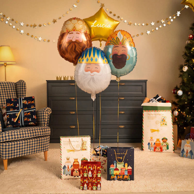 Globo Foil Noche de Reyes Magos con Estrella Oro Personalizado Vinilo Blanco