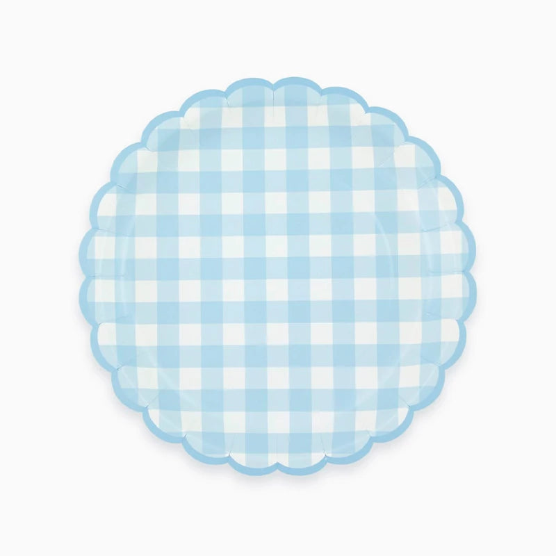 Assiette plate en carton Ø 23 cm Vichy Bleu Pastel et Blanc