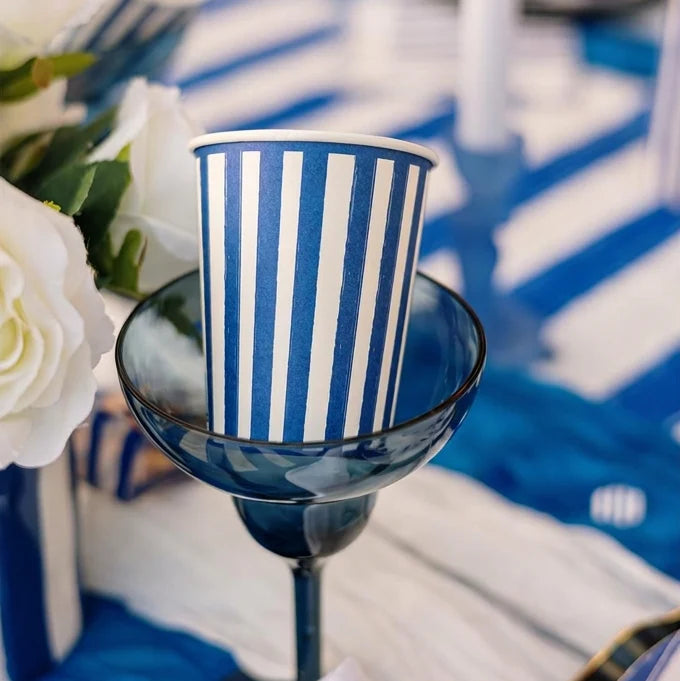 Vaso Cartón 255 cc Rayas Blanco y Azul