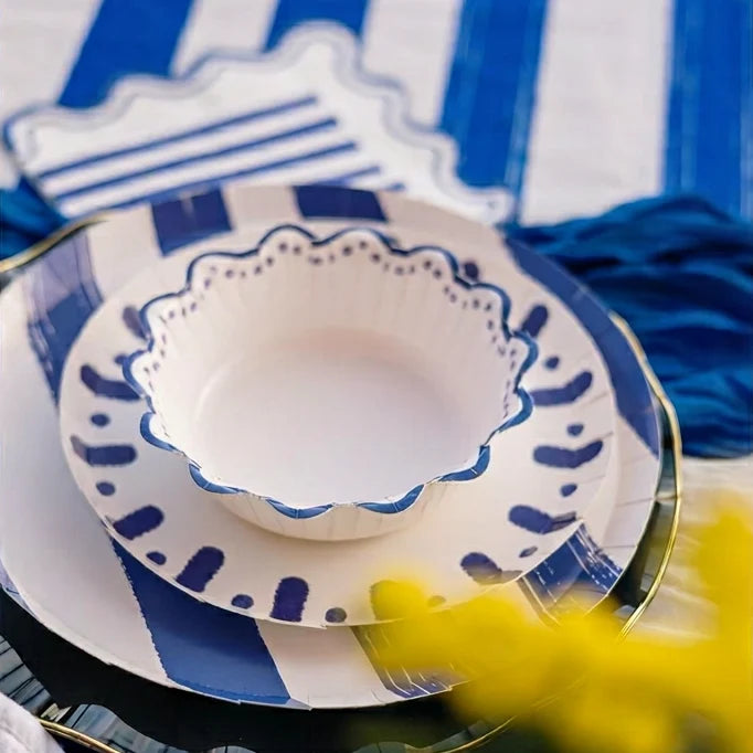 Vaso Cartón 255 cc Rayas Blanco y Azul