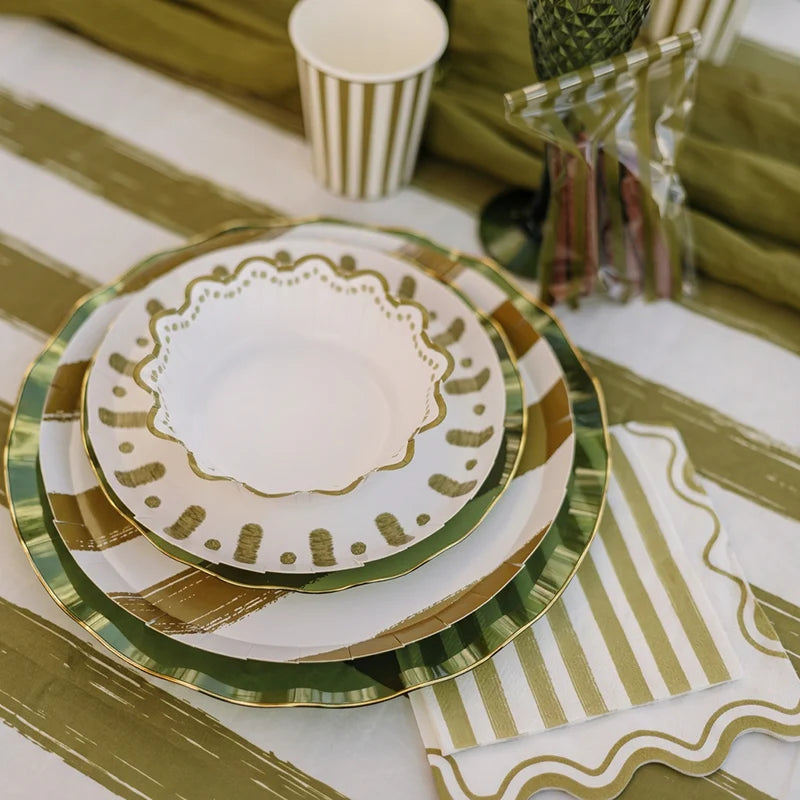 Boles Cartón Ø 13.5 cm Blanco con Borde Verde Oliva