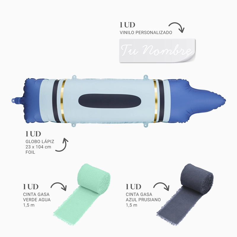 Globo Foil Lápiz Azul con Telas Personalizado Nombre Vinilo Blanco