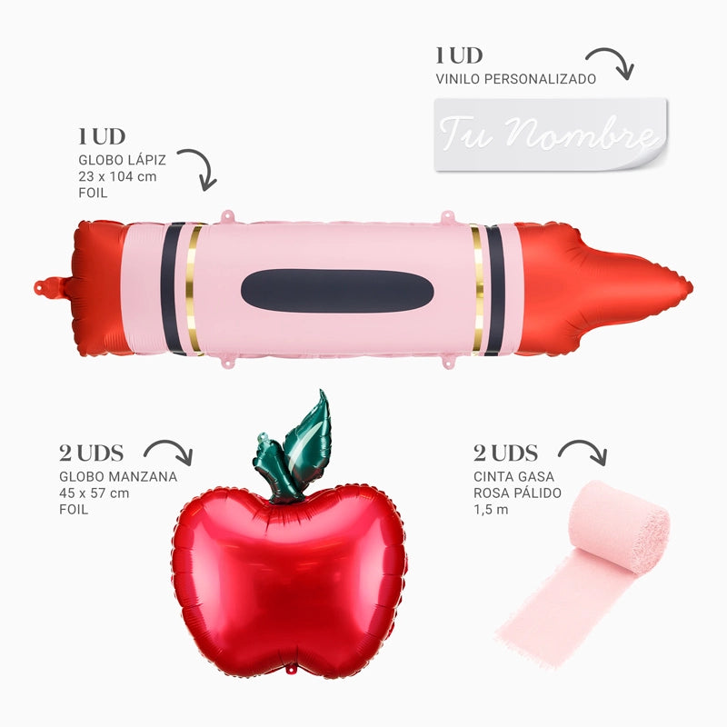 Set Globo Foil Lápiz Rojo y Globos Foil Manzana con Telas Personalizado Nombre Vinilo Blanco