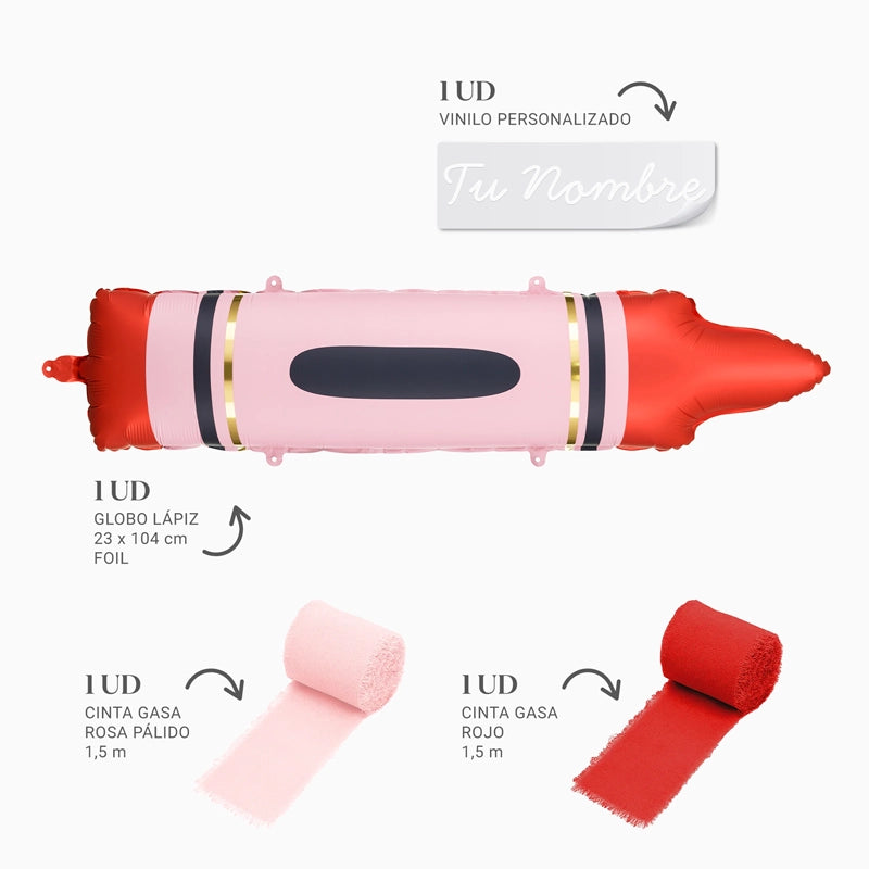 Globo Foil Lápiz Rojo con Telas Personalizado Nombre Vinilo Blanco
