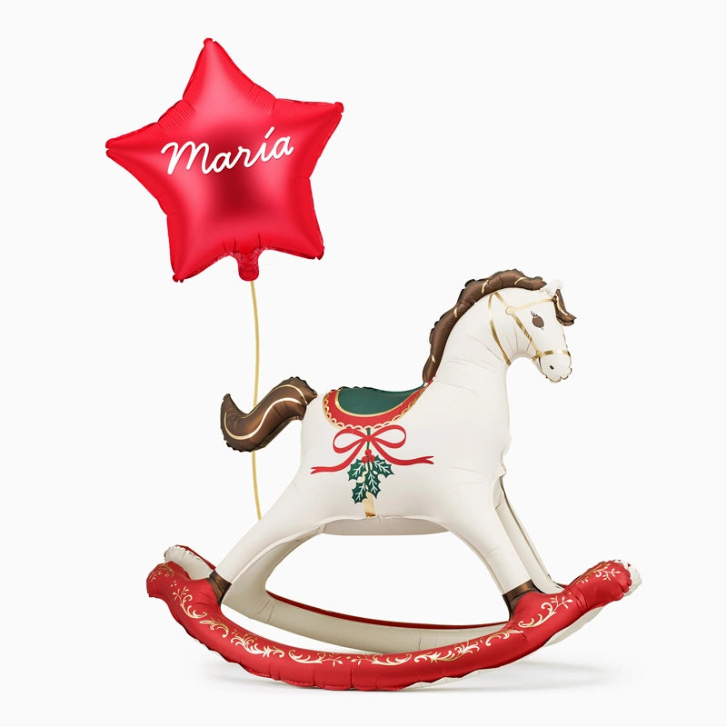 Globo Foil Pie Balancín Caballo Navideño con Estrella Roja Personalizado Vinilo Blanco