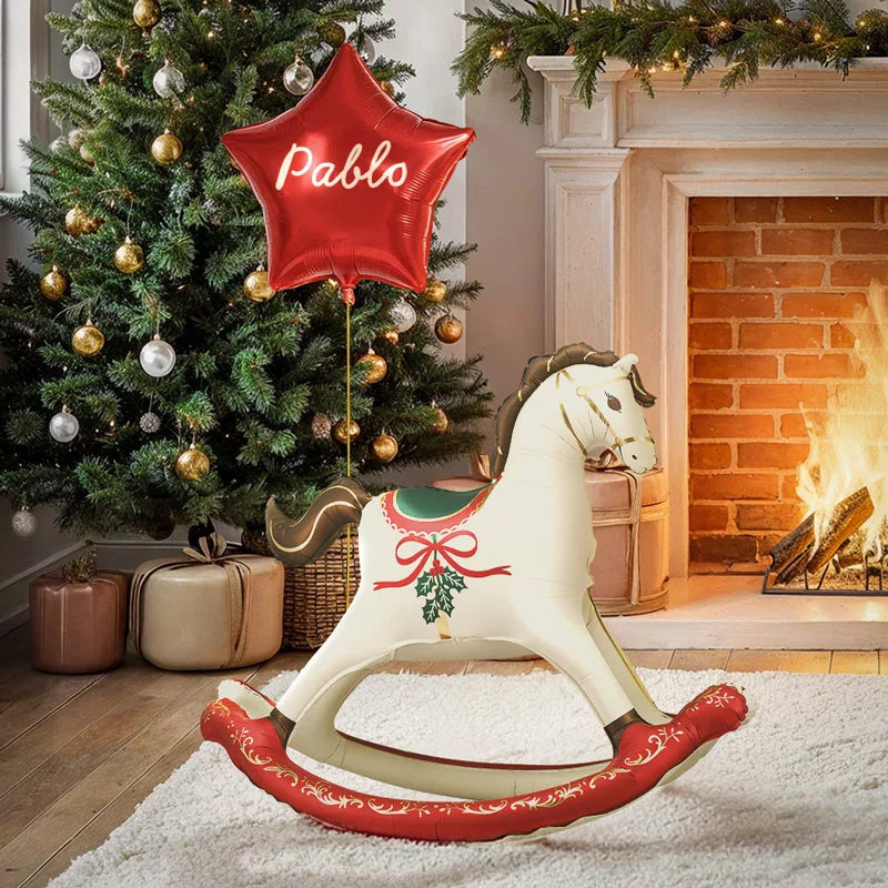 Globo Foil Pie Balancín Caballo Navideño con Estrella Roja Personalizado Vinilo Blanco