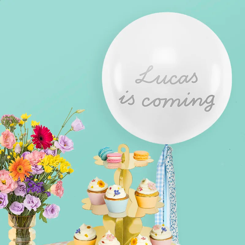 JUMBO GLOBO 60 CM WHITE FLORAL FABRIC AND VICHY BLUE PERSONALIZED SILVER VINILO