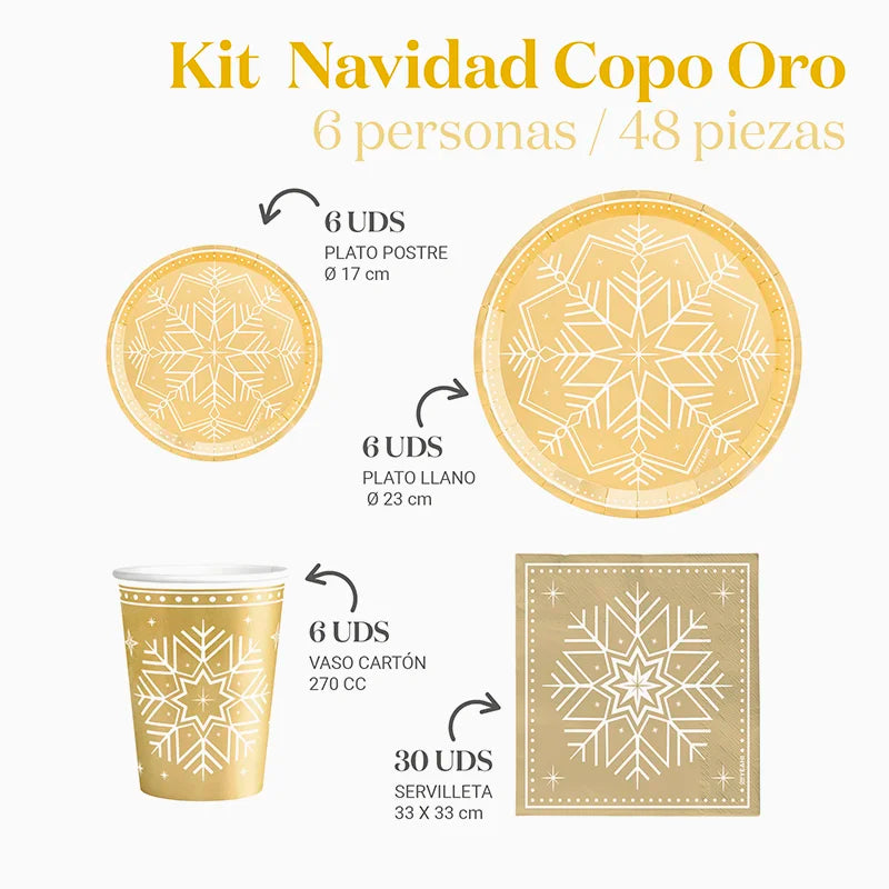 Inspiracion con Kit Mesa Basic 6 Personas Copo de Nieve Oro 48 piezas