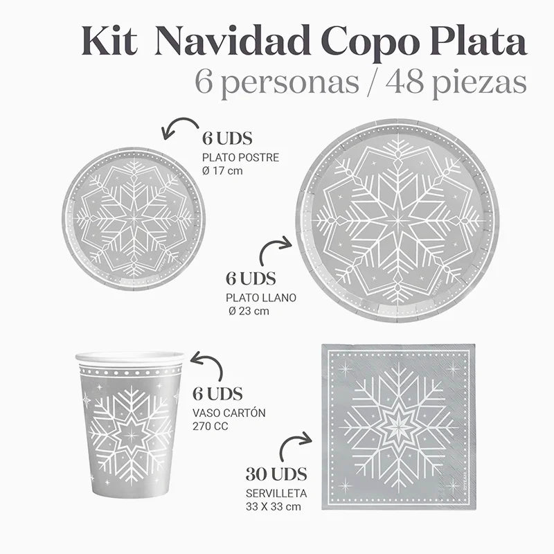 Inspiracion con Kit Mesa Basic 6 Personas Copo de Nieve Plata 48 piezas