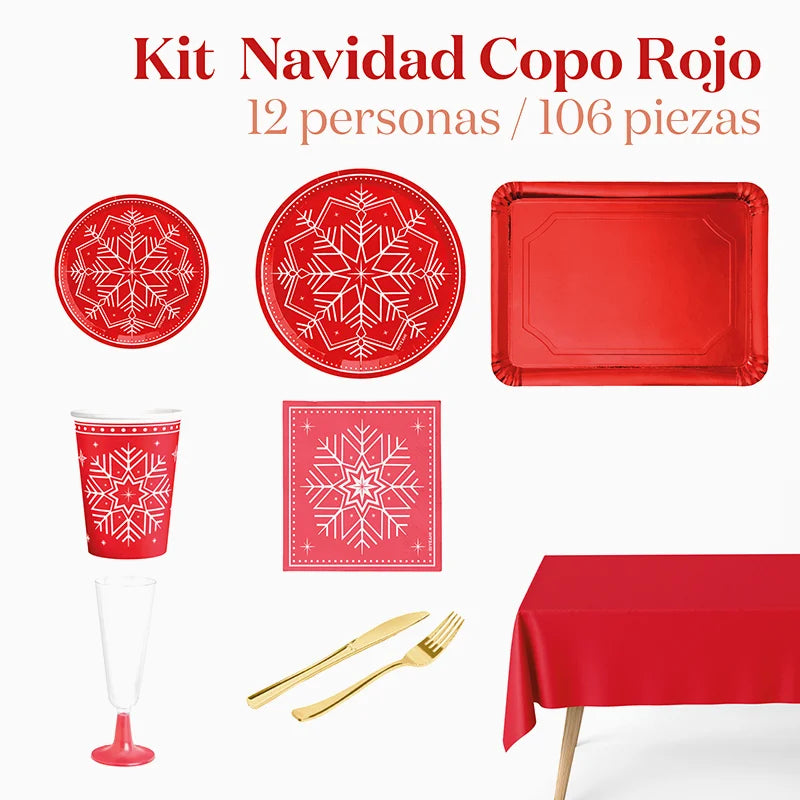 Kit Mesa Premium 12 Personas Copo de Nieve Rojo 106 piezas