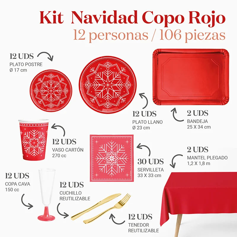 Inspiracion con Kit Mesa Premium 12 Personas Copo de Nieve Rojo 106 piezas
