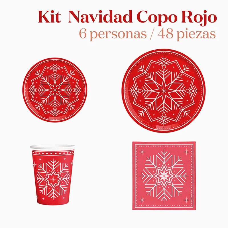 Kit Mesa Basic 6 Personas Copo de Nieve Rojo 48 piezas