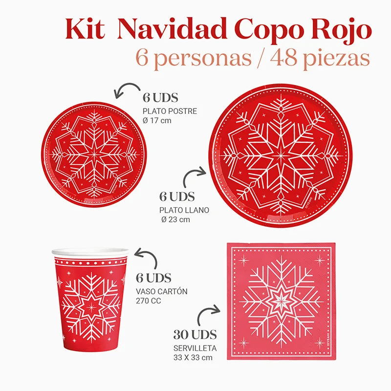 Inspiracion con Kit Mesa Basic 6 Personas Copo de Nieve Rojo 48 piezas