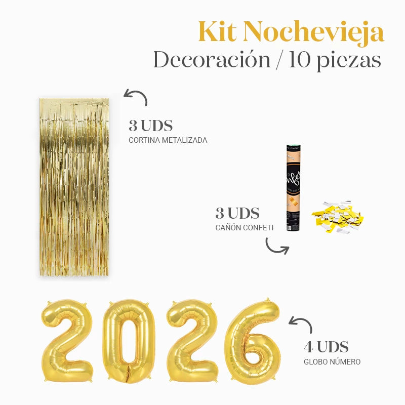 Kit Deco Photocall Nochevieja 2026 Oro 10 piezas