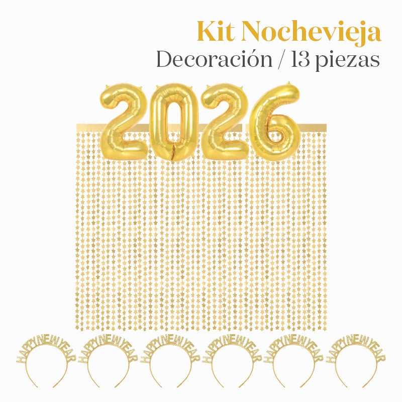 Kit Deco Photocall Nochevieja 2026 6 Personas Oro 13 piezas