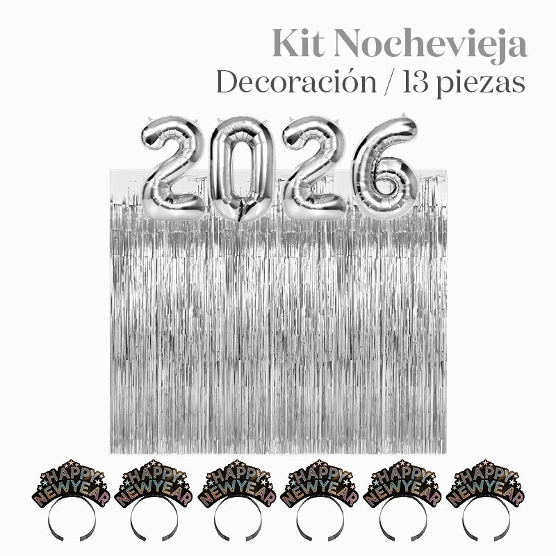 Kit Deco Photocall Nochevieja 2026 6 Personas Plata