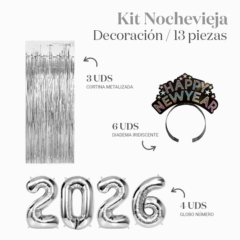 Kit Deco Photocall Nochevieja 2026 6 Personas Plata