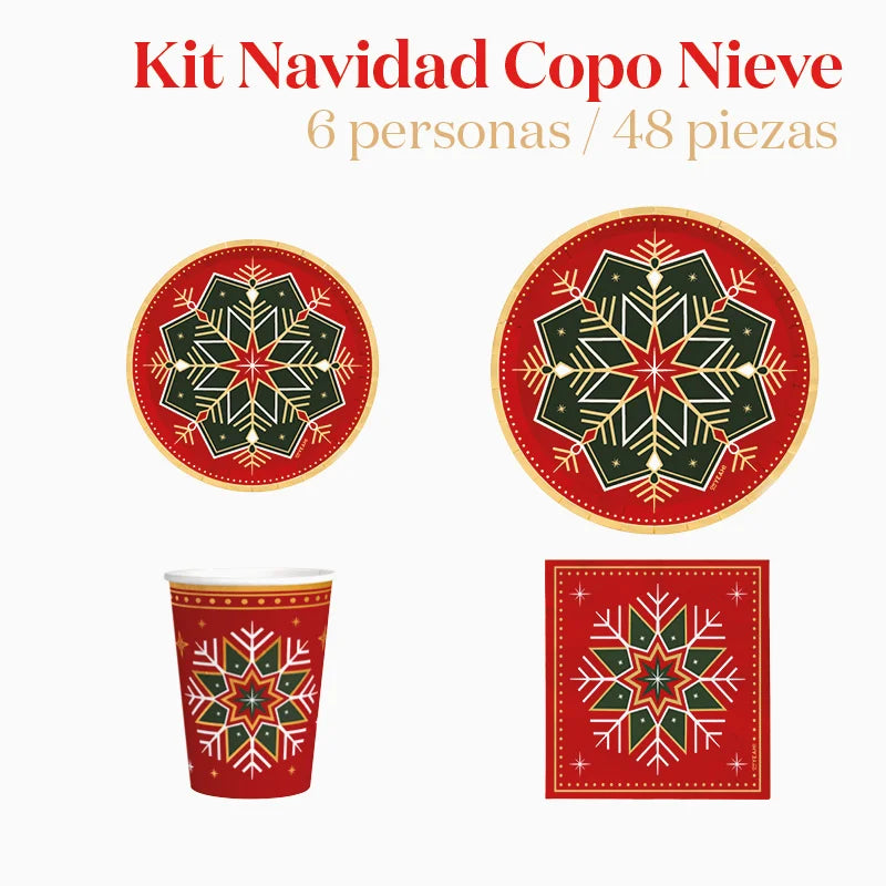 Kit Mesa Basic 6 Personas Copo de Nieve Verde y Rojo 54 piezas