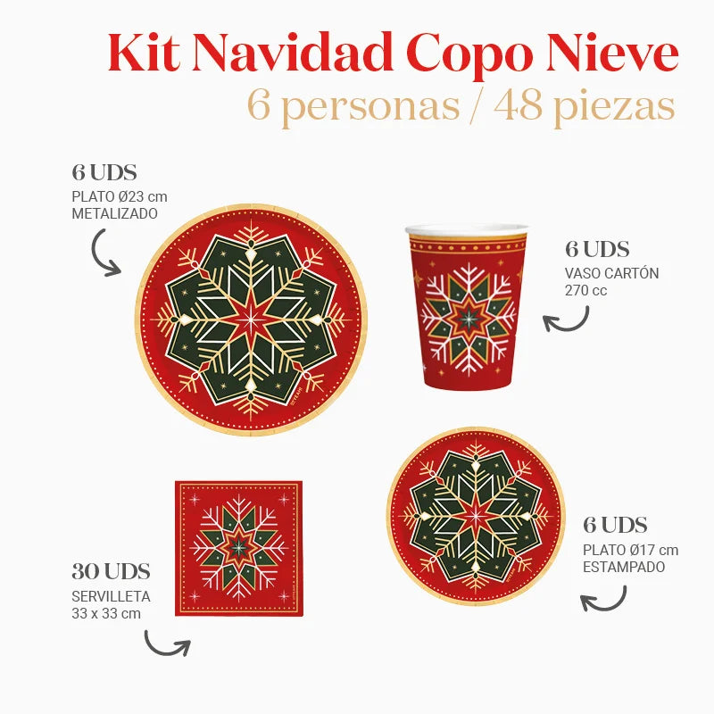 Inspiracion con Kit Mesa Basic 6 Personas Copo de Nieve Verde y Rojo 54 piezas