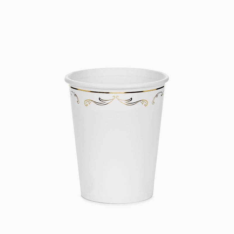 Vaso Cartón 220 cc Blanco con Detalles Dorados