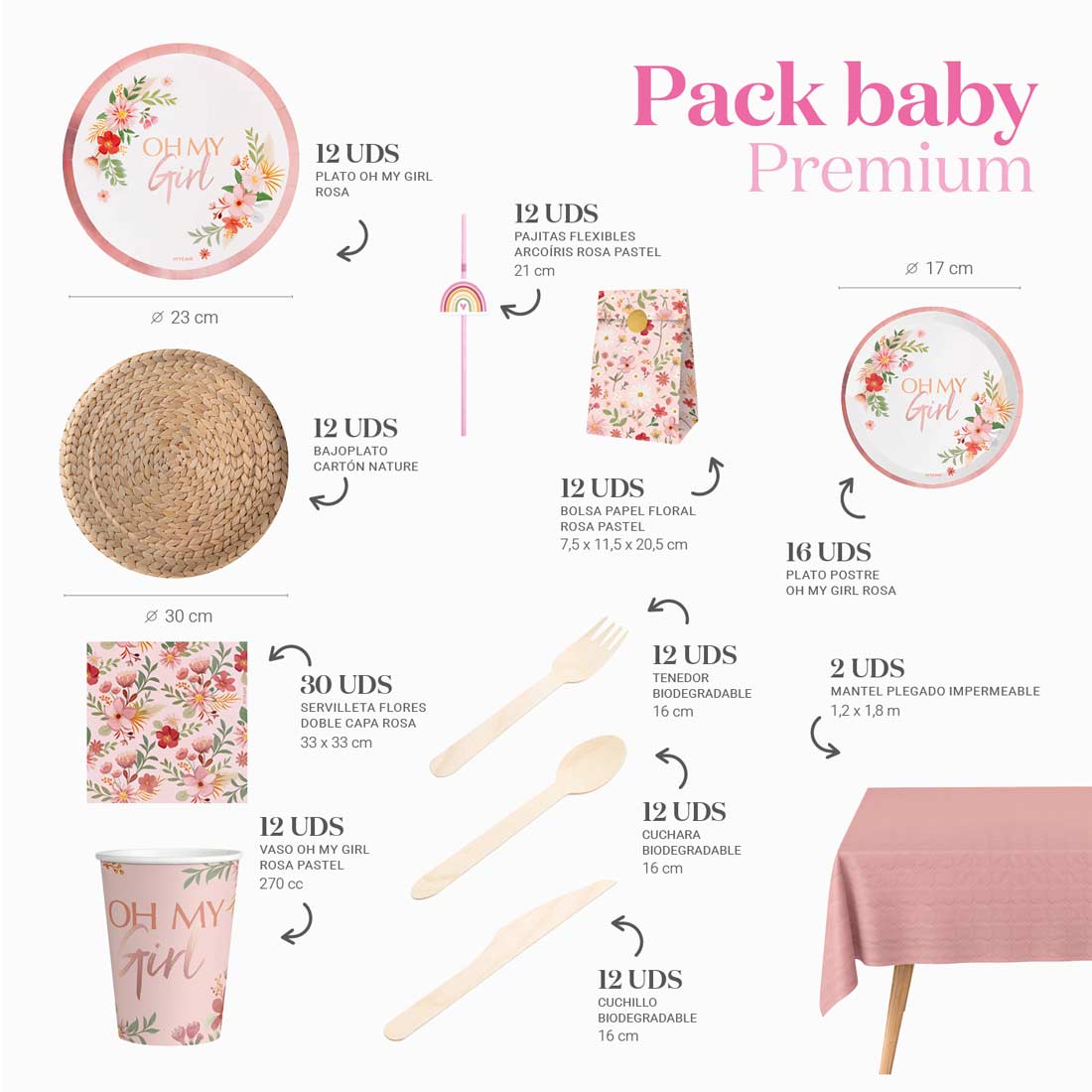 Kit de mesa premium 12 pessoas Pink para chá de bebê rosa