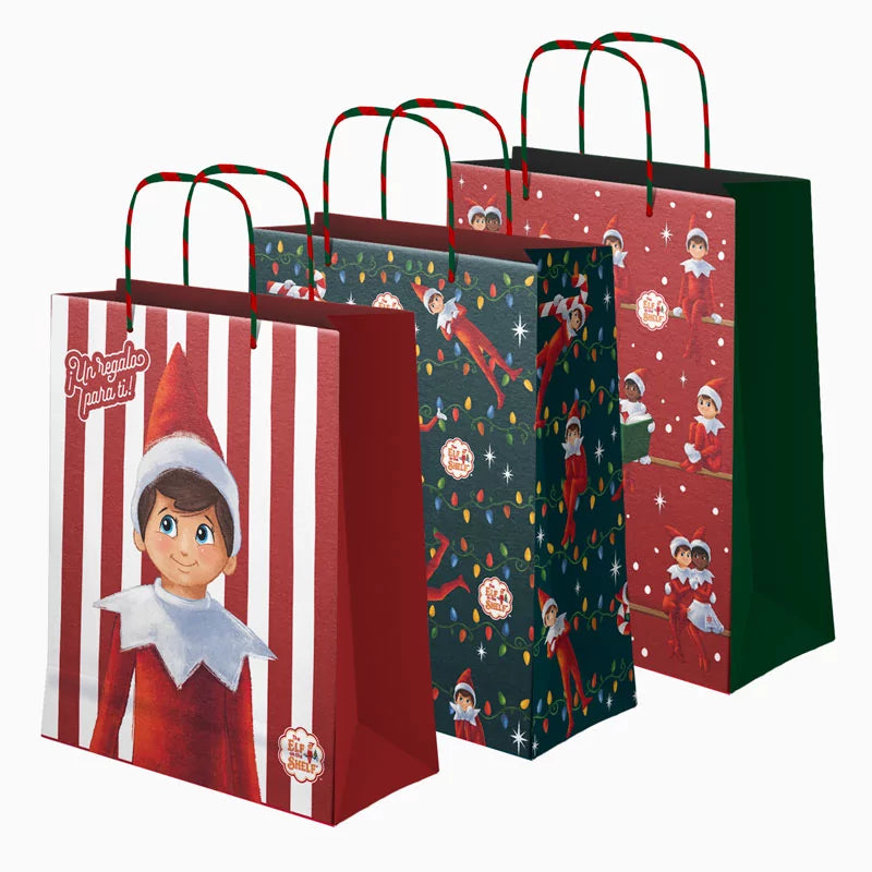 Große Weihnachtsgeschenktüte aus Pappe, 30 x 10 x 42 cm. Der Elf im Regal