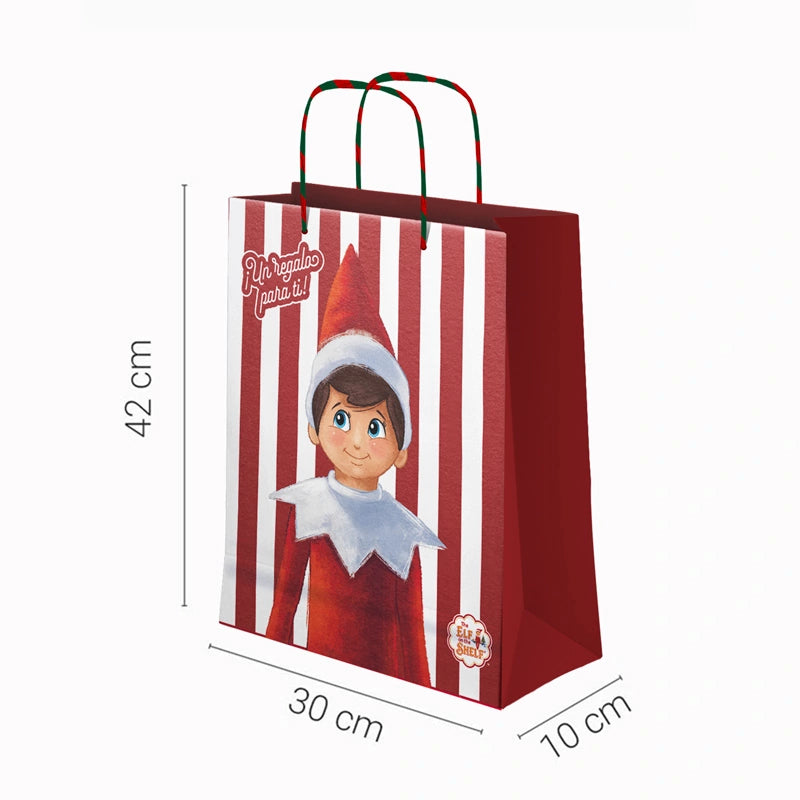 Große Weihnachtsgeschenktüte aus Pappe, 30 x 10 x 42 cm. Der Elf im Regal