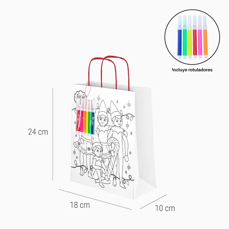 Bolsa Regalo Pequeña Cartón Navidad 18 x 10 x 24 cm + Rotuladores para Colorear The Elf on the Shelf