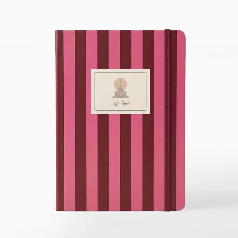 Libreta con Goma 13 x 1.5 x 19 cm Rayas Granate y Rosa