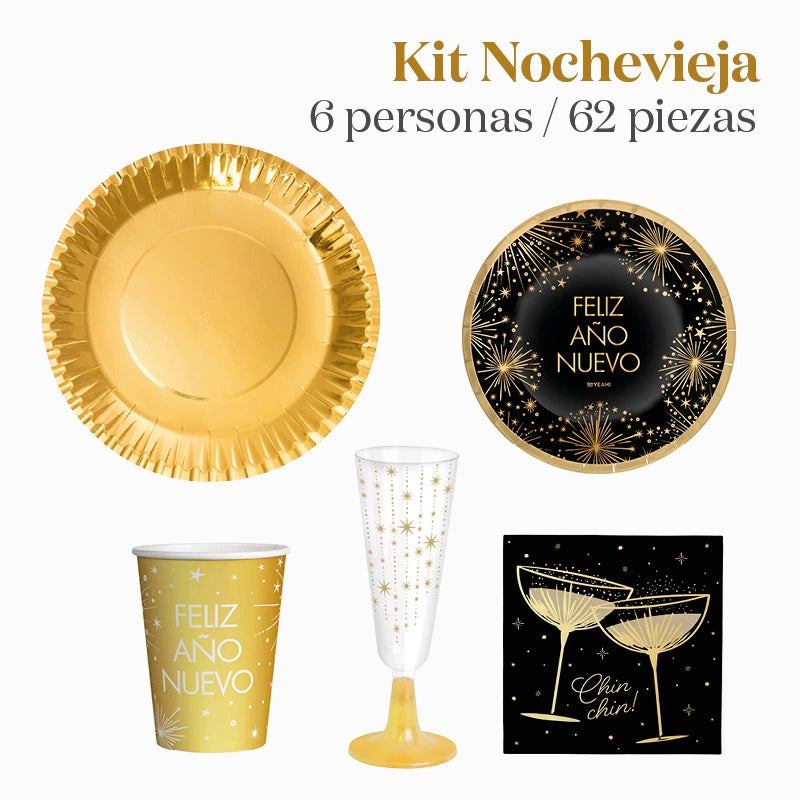 Kit Mesa Basic Nochevieja 6 Personas 'Feliz Año Nuevo' 62 piezas