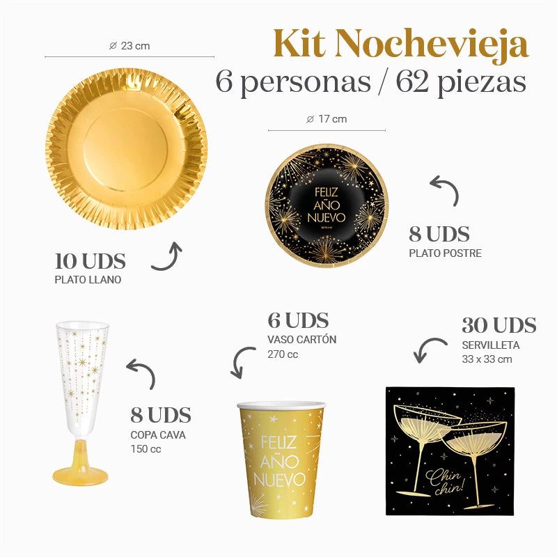 Kit Mesa Basic Nochevieja 6 Personas 'Feliz Año Nuevo' 62 piezas