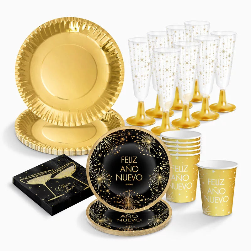 Basic New Year's Eve Table Kit for 6 People 'Happy New Year' 62 pieces