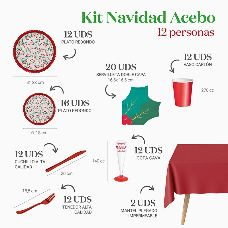 Kit de table de Noël de Noël naturel 12 personnes