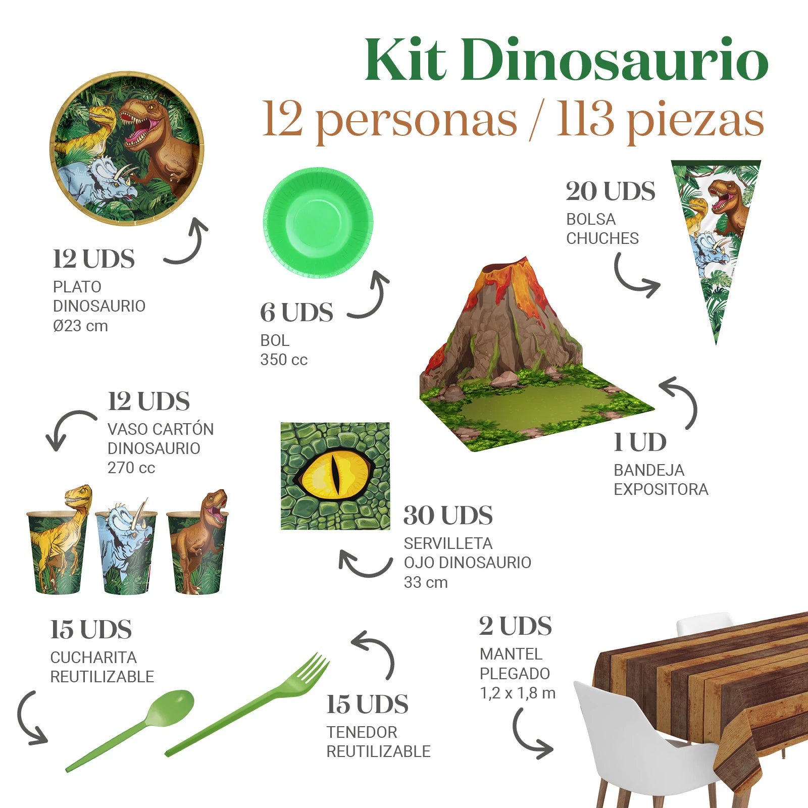 Inspiracion con Kit Mesa Premium 12 Personas Dinosaurio 113 piezas