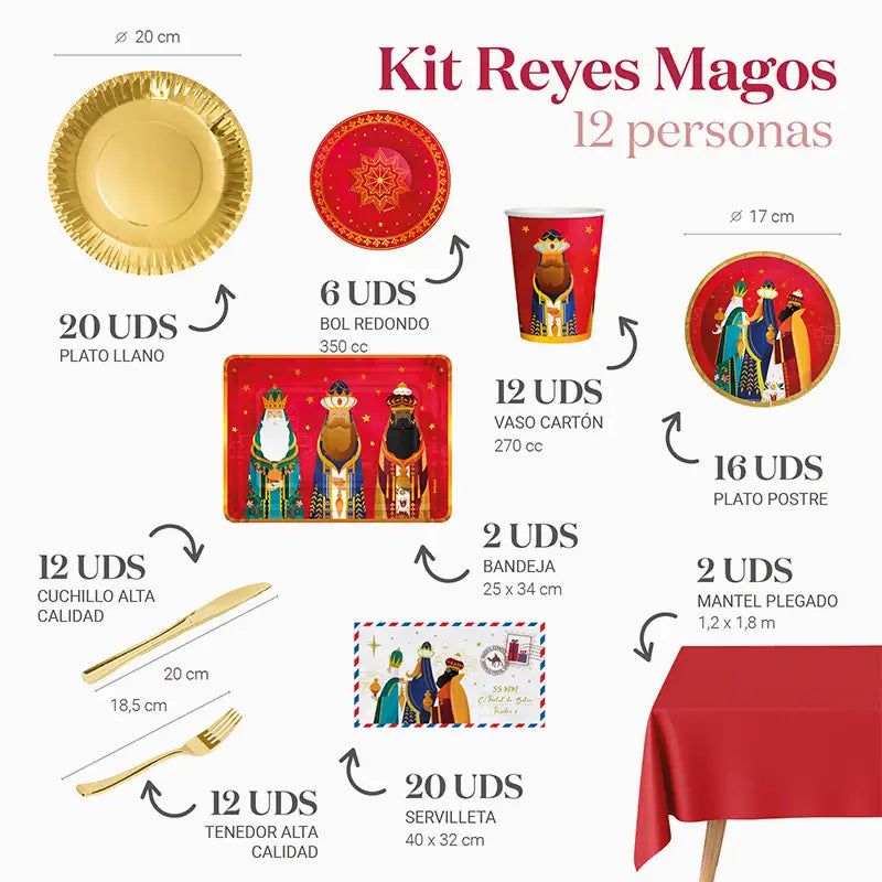 Kit Mesa Premium Reyes Magos 12 Personas 102 piezas