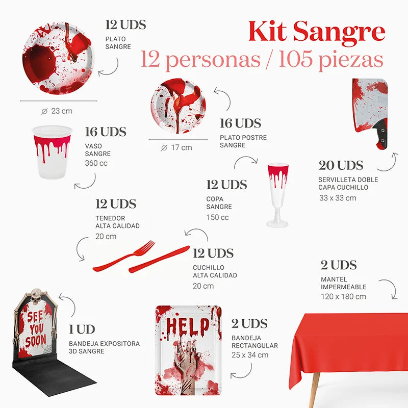 Kit Mesa Premium Sangre 12 Personas 105 piezas