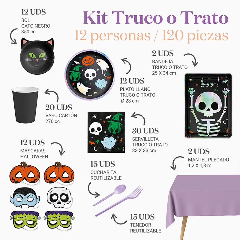 Inspiracion con Kit Mesa Premium Truco o Trato 12 Personas 120 piezas