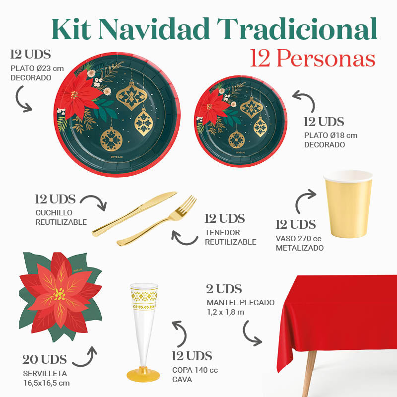 Kit de table premium de Noël traditionnel 12 personnes