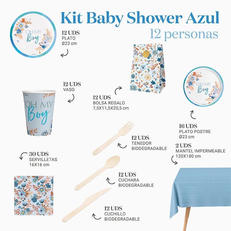 Premium table kit 12 people baby shower blue - Main Image