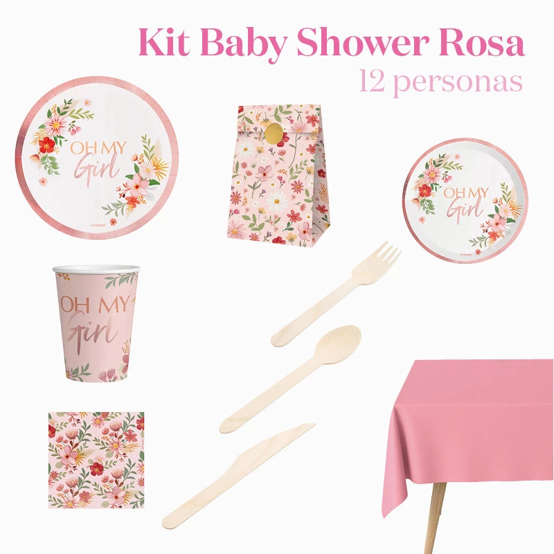 Kit de table premium 12 personnes rose de douche de bébé